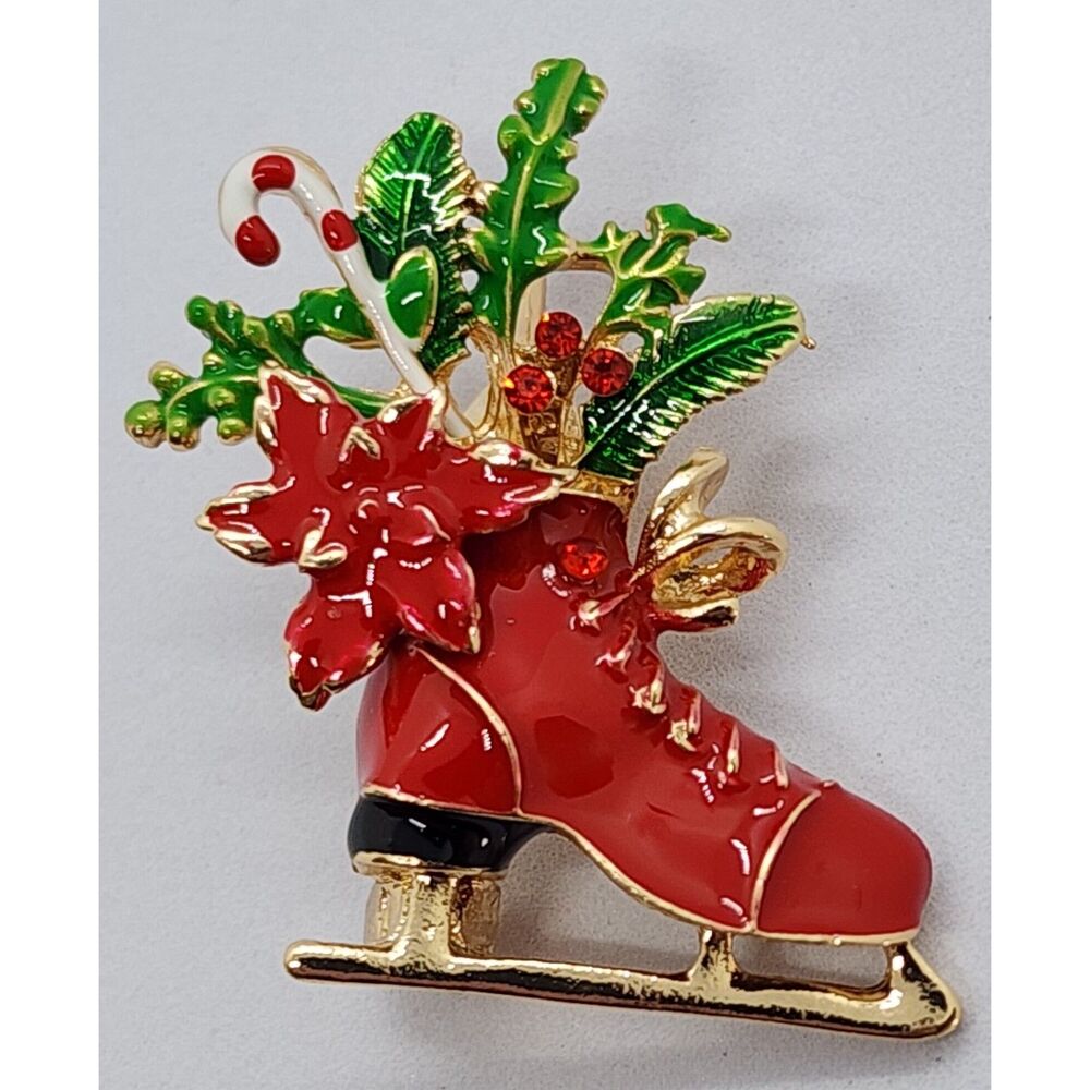 Christmas Brooch Red Ice Skate with Greenery & Candy Cane Enamel Smaller Pin